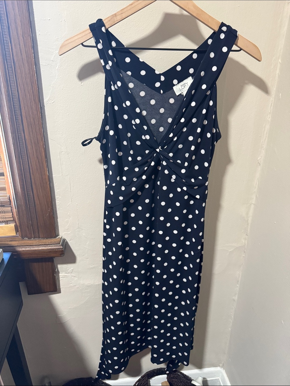 LOFT Black and White Polka Dot Twist Midi Dress